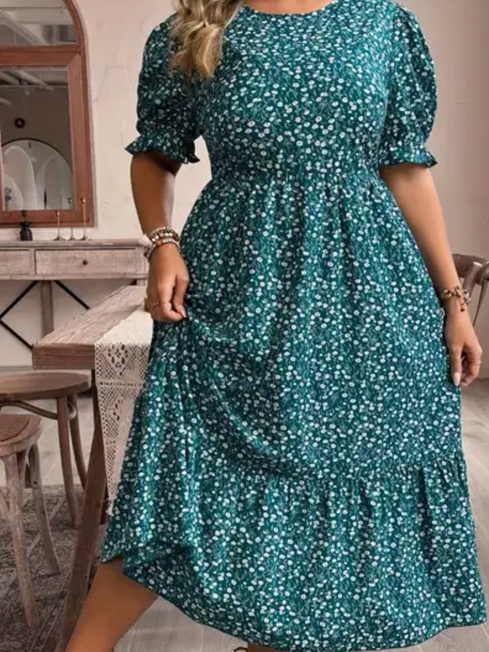 SHEIN Size 22 Teal Floral Midi Dress with Puff Sleeves